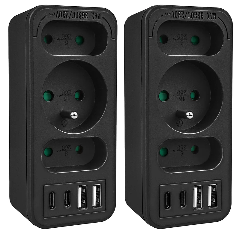 Strömuttag x3 + 4xUSB Maclean, 3-facks splitter, 2xUSB A, 2xUSB C PD 20W, 1x16A + 2x6A, MCE248 F/B, 2 st