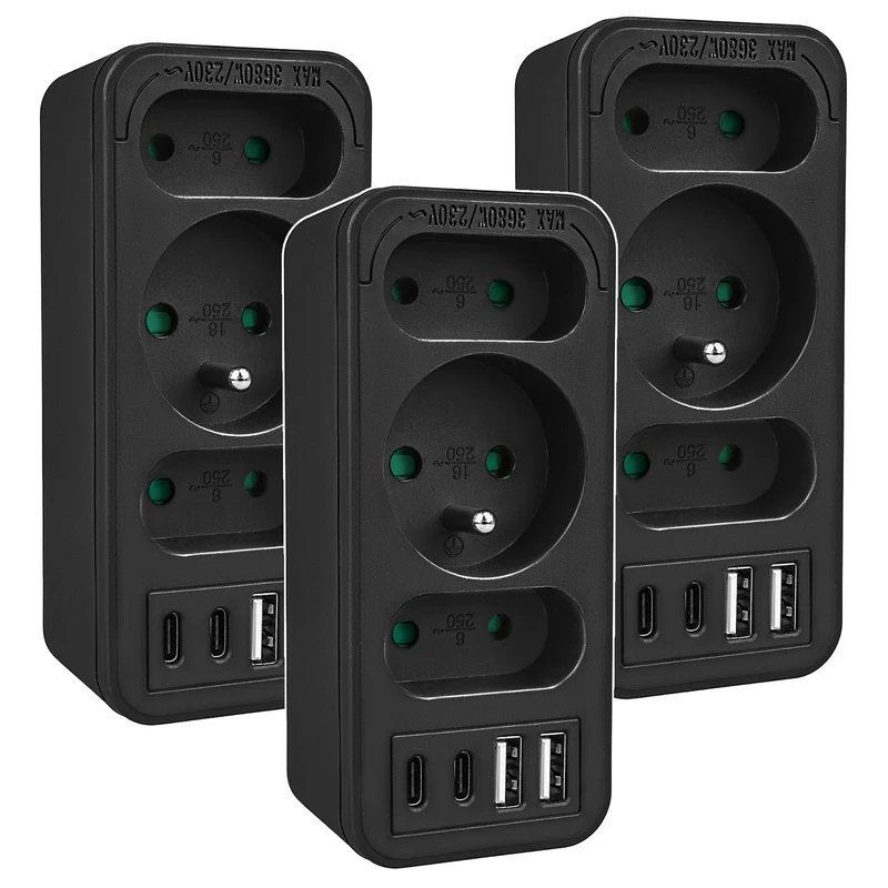 Strömuttag x3 + 4xUSB Maclean, 3-facks splitter, 2xUSB A, 2xUSB C PD 20W, 1x16A + 2x6A, MCE248 F/B, 3 st