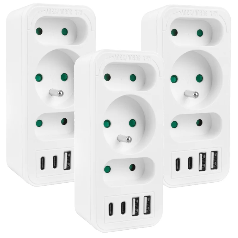 Strömuttag x3 + 4xUSB Maclean, 3-facks splitter, 2xUSB A, 2xUSB C PD 20W, 1x16A + 2x6A, MCE248 F/W, 3 st