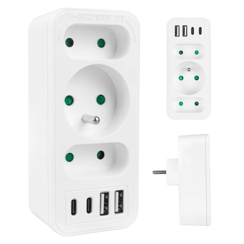 Strömuttag x3 + 4xUSB Maclean, 3-facks splitter, 2xUSB A, 2xUSB C PD 20W, 1x16A + 2x6A, MCE248 F/W
