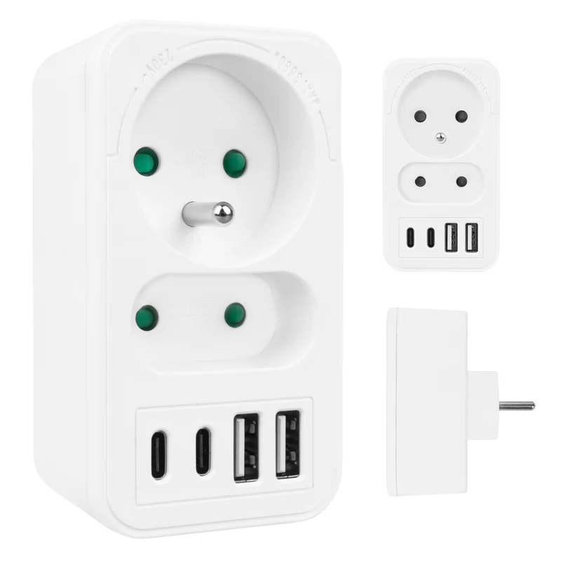 Maclean strömuttag x2 + 4xUSB, splitter med 2 uttag, 2xUSB A, 2xUSB C PD 20W, 1x16A + 1x6A, MCE249 F/W
