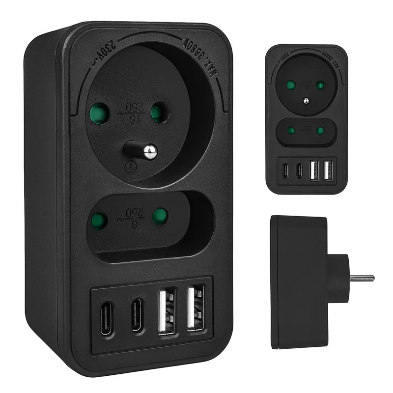 Maclean strömuttag x2 + 4xUSB, splitter med 2 uttag, 2xUSB A, 2xUSB C PD 20W, 1x16A + 1x6A, MCE249 F/B
