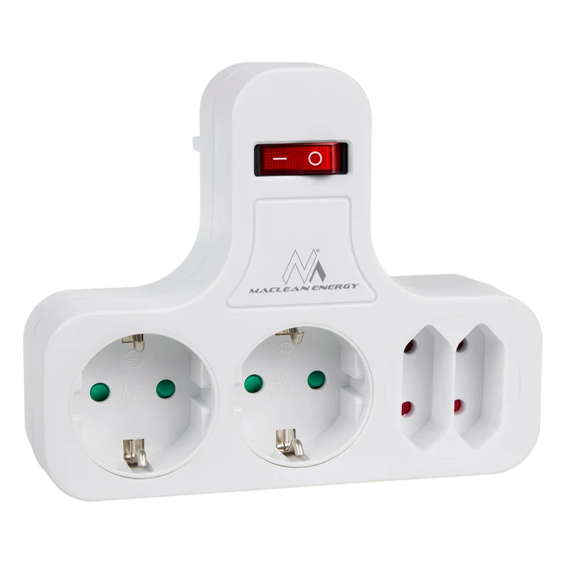 Maclean Power Socket, fyrdubbelt med av/på-knapp, stabiliseringsfot, Schuko typ, 2x2.5A, 2x16A, MCE224