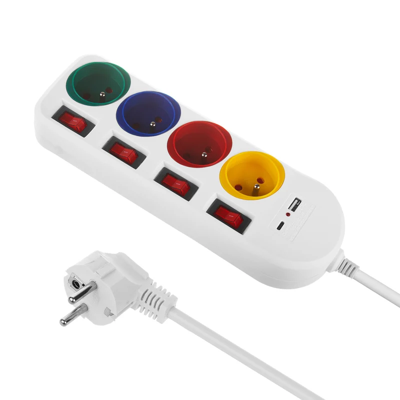 Maclean grenuttag, förlängningskabel 4 uttag + USB A/C, med brytare, 250VAC/10A, 1,5m, vit, MCE508 W