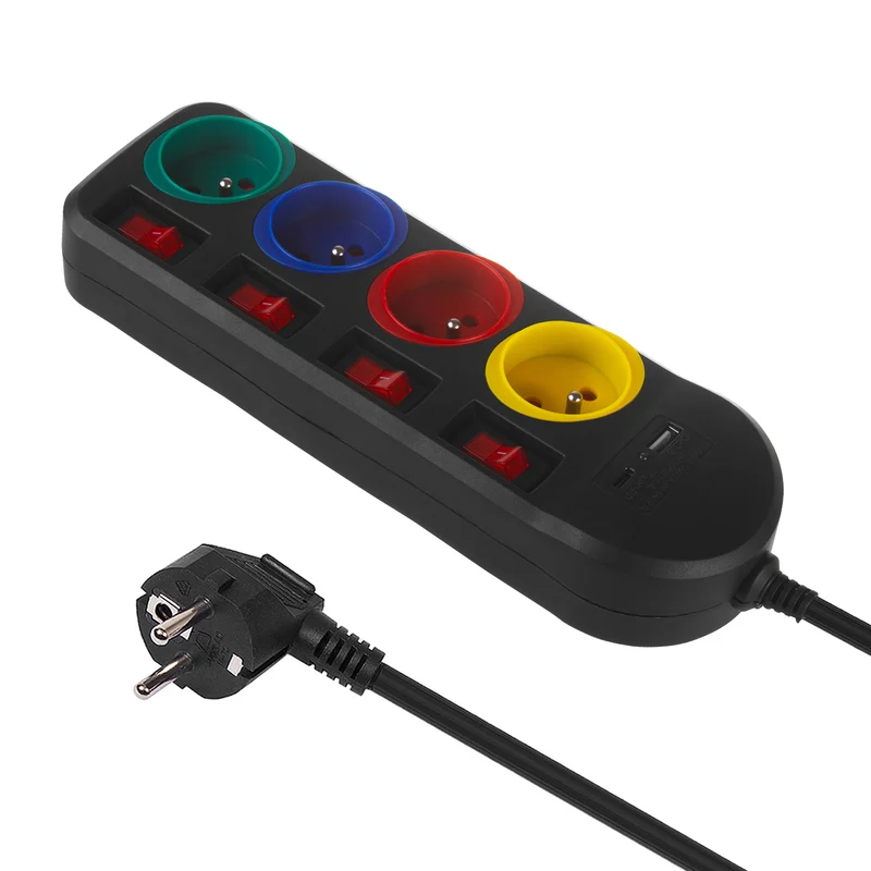 Maclean grenuttag, förlängningskabel 4 uttag + USB A/C, med brytare, 250VAC/10A, 1,5m, svart, MCE508 B
