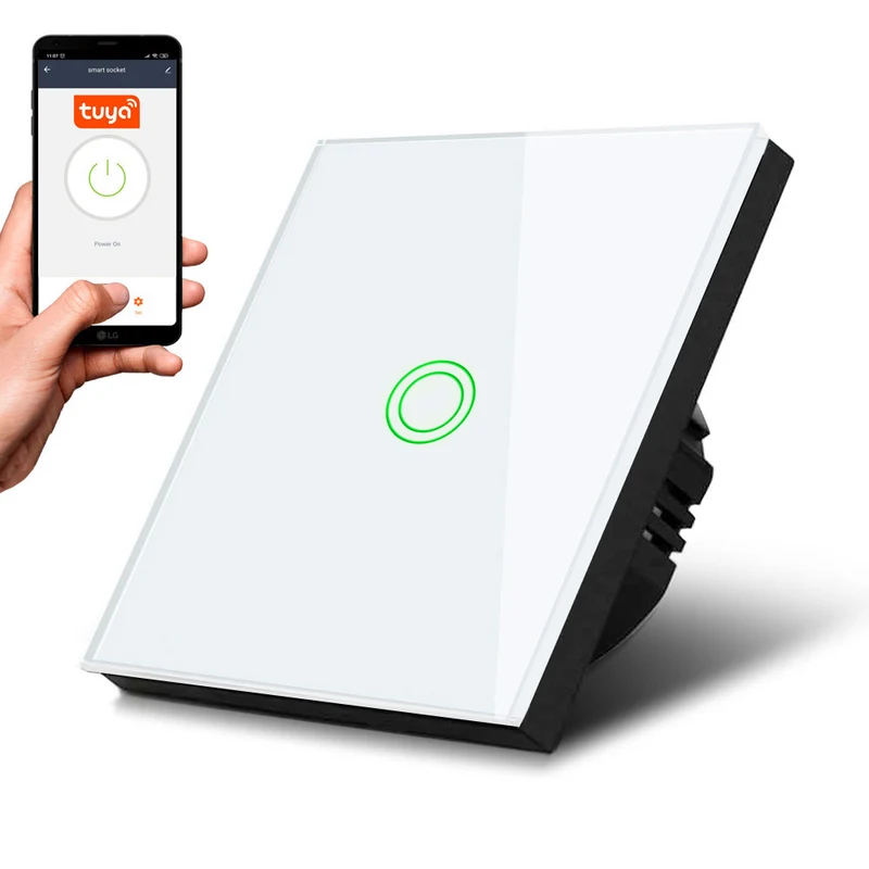 Maclean MCE715W Smart WiFi Touch strömbrytare kompatibel med Tuya APP väggströmbrytare glasbrytare med färgförändring, LED-bakgrundsbelysning, inbyggd strömbrytare 85 x 85 mm (1 fack rund, vit)