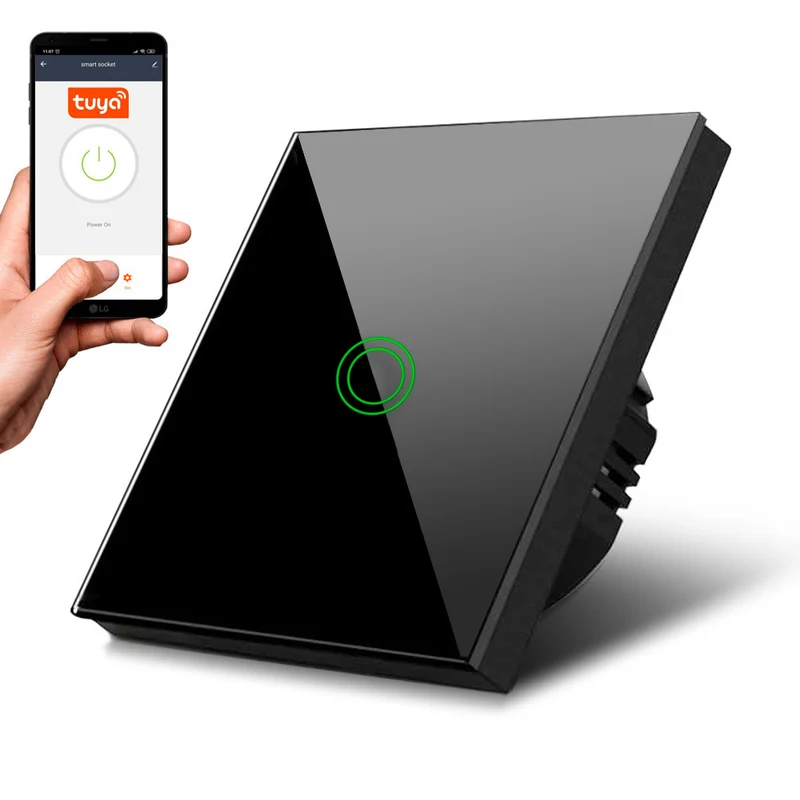 Maclean MCE715B Smart WiFi Touch Strömbrytare Kompatibel Med Tuya APP Väggströmbrytare Glasströmbrytare Med Färgväxling LED-Bakgrundsbelysning Inbyggd Strömbrytare 85 x 85 mm (1 Fack Rund, Svart)