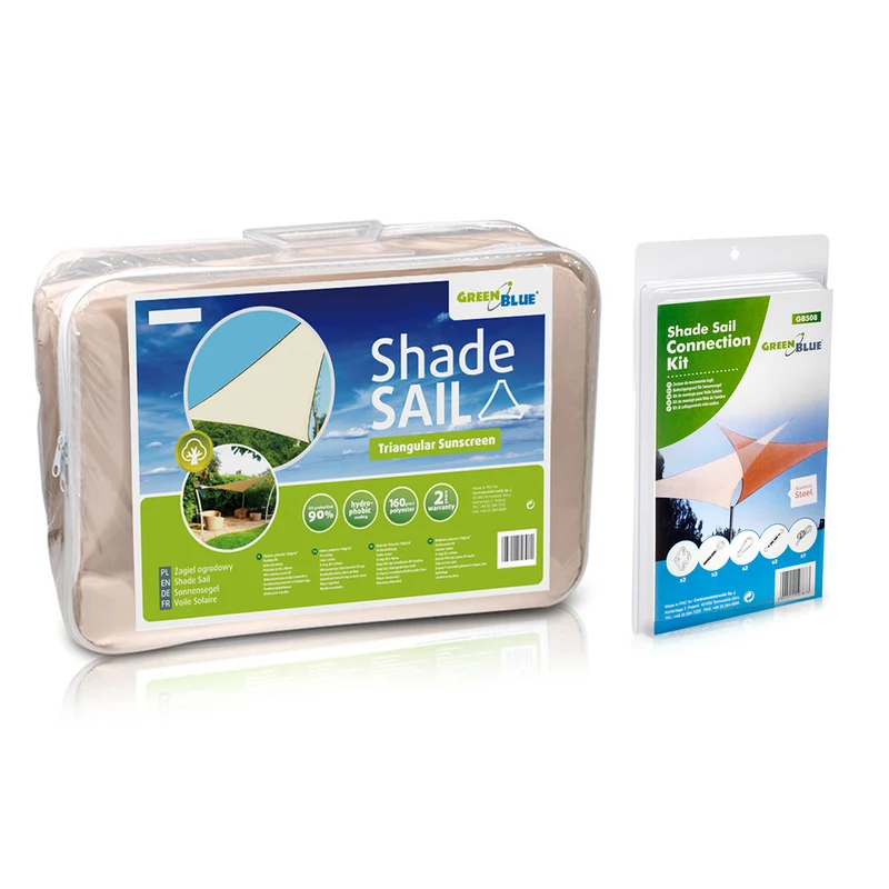 GreenBlue UV-skugga trädgårdssegel, polyester, 3,6 m triangel, krämfärgad, hydrofobisk yta, GB500 + GB508