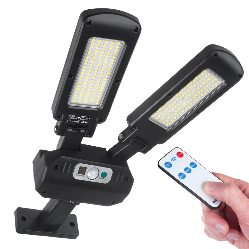 Maclean MCE447 Solcellsgatlampa Med Rörelse- Och Skymningssensor IP54 5W 2x 450 Lumen 6500K Två Ljuskällor Fjärrkontroll Solcellslampa Utomhusvägglampa Utomhusbelysning 3 Ljuslägen