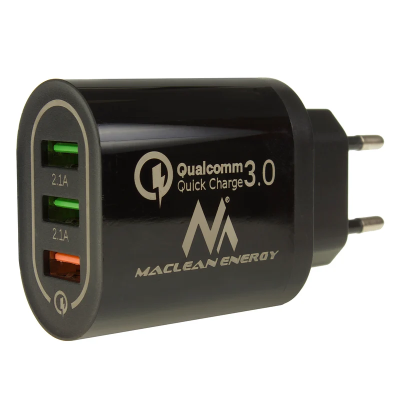 1xQC 3.0 Maclean Energy MCE479 B laddare - svart Qualcomm Quick Charge QC 3.0 - 3.6-6VV / 3A, 6-9V / 2A, 9-12V / 1.5A och 2 uttag 5V / 2.1A