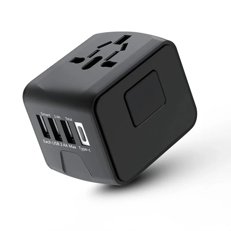 Rejseadapter med 4 hurtigopladende USB-porte til 150+ lande
