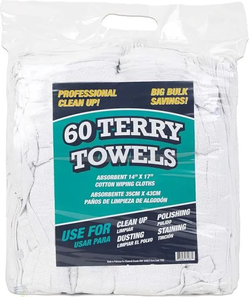 Fit All, Residential Terry Towels, 10PK, 14 X 17 inch, Multipurpose, White, Special Cotton Composition #AT-TT10-16