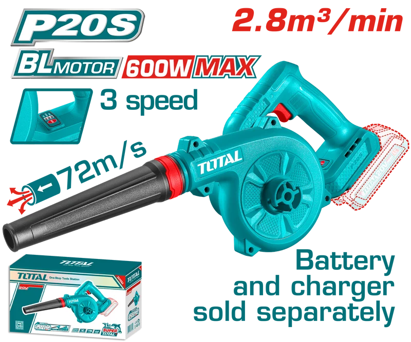 TOTAL 20V Brushless Cordless Blower | 72 m/s | 3 Speeds | Tool Only – No Battery & Charger | TABLI2068