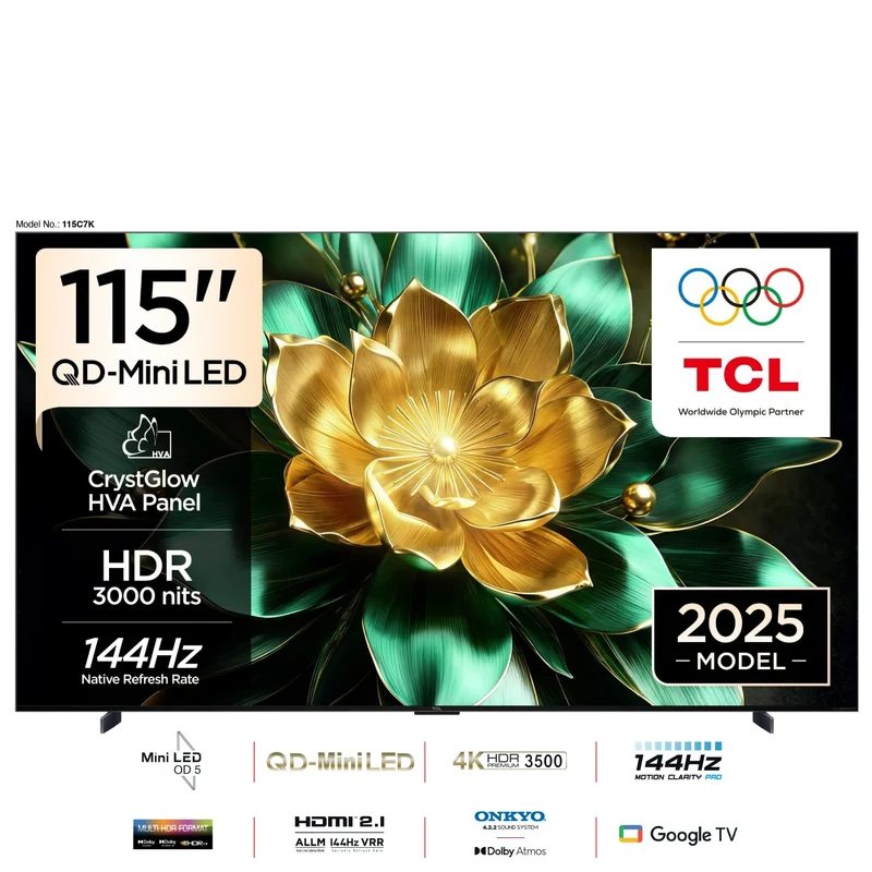 TCL 115C7K 115" Mini LED QLED 4K Smart Google TV | 144Hz | Dolby Vision IQ | ONKYO | Game Master