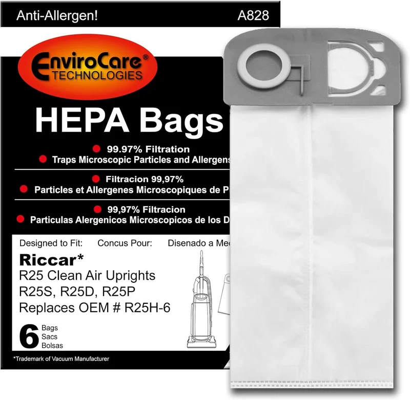 Replacement for Riccar R25H-6 HEPA Bags To Fit R25S, R25D, R25D Upright Vacuum Cleaners, 6 Bags/pk, #A828