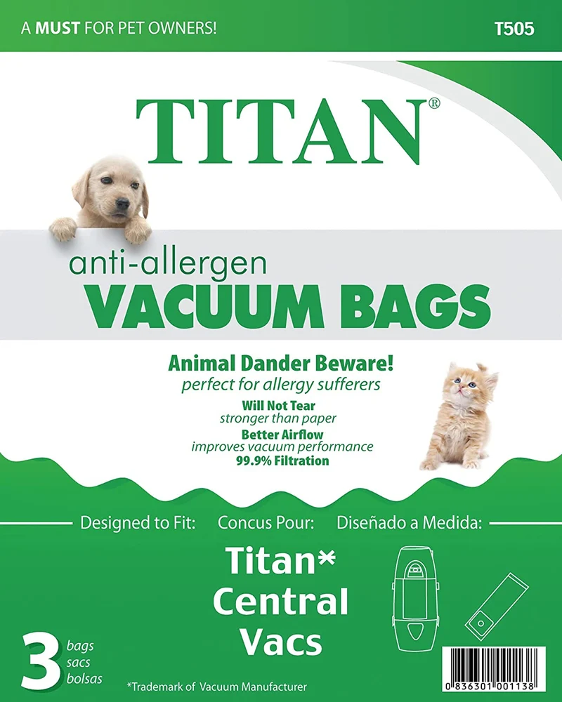 Titan Replacement Allergen Vacuum bags Designed to fit Titan and Nutone Central Vacuums 3/pk #T505