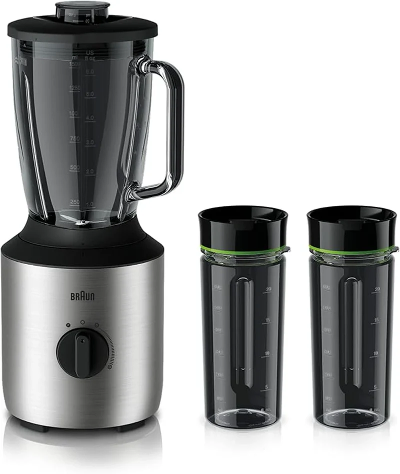 Braun PowerBlend Blender 800W 1.5L Glass Jug Variable Speed & Pulse with 2 Smoothie2Go Cups – Silver (JB3272SI)