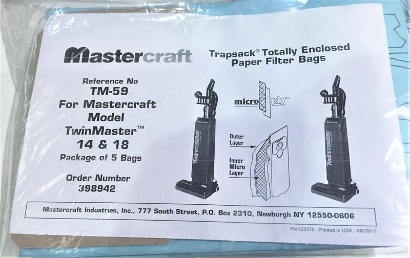 Mastercraft TwinMaster 14 / 18 Upright Vacuum Cleaner Bags - 5 Bags Replaces T9894M, 398942, 14-2460-03