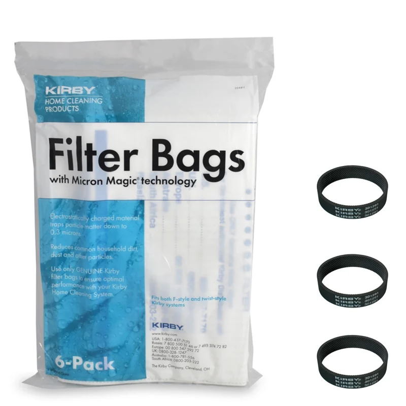 Genuine Kirby Universal Bags: 1 Pack (6 bags) of Universal Micron Magic White Cloth Bags with 0.3 Micron Filtration 204811 and 3 Belts 301291