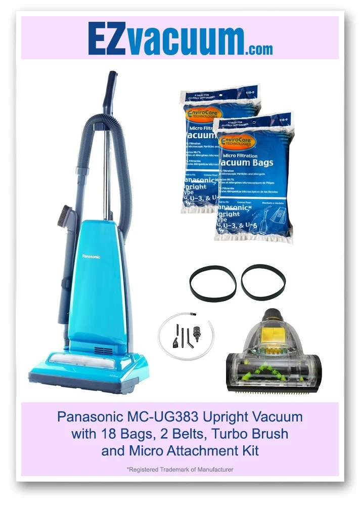 Panasonic Upright Vacuum Cleaner MC-UG383 Home Bundle Kit with 18 Bags, 2 Belts, Turbo Tool and Micro Attachment Tools