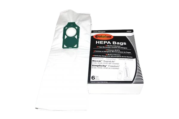 Riccar Upright Anti-Allergen R10P, R10S, R10D, R100, & R10 Sand Bag 6 Pk Part - A824, RLH-6 with Green Plastic Collar