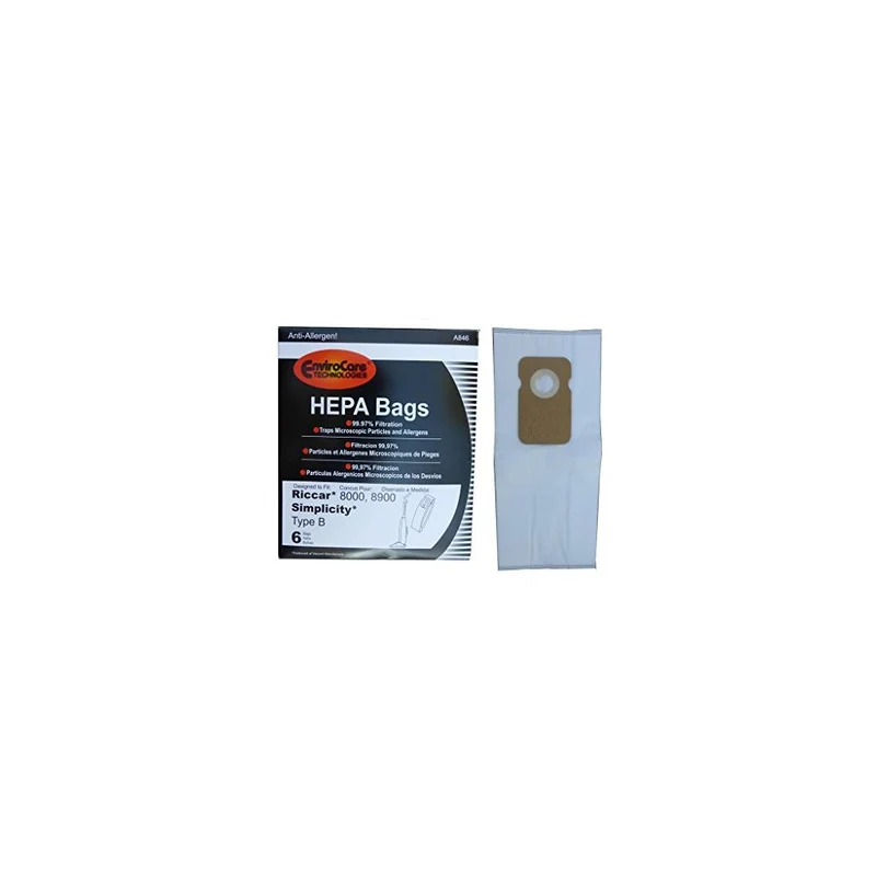 6 bags (1 pkg) Type B HEPA Allergy Bags For Riccar 8000 8900, Simplicty 7 & 7000 Series and Belvedere Upright Vacuum, A846
