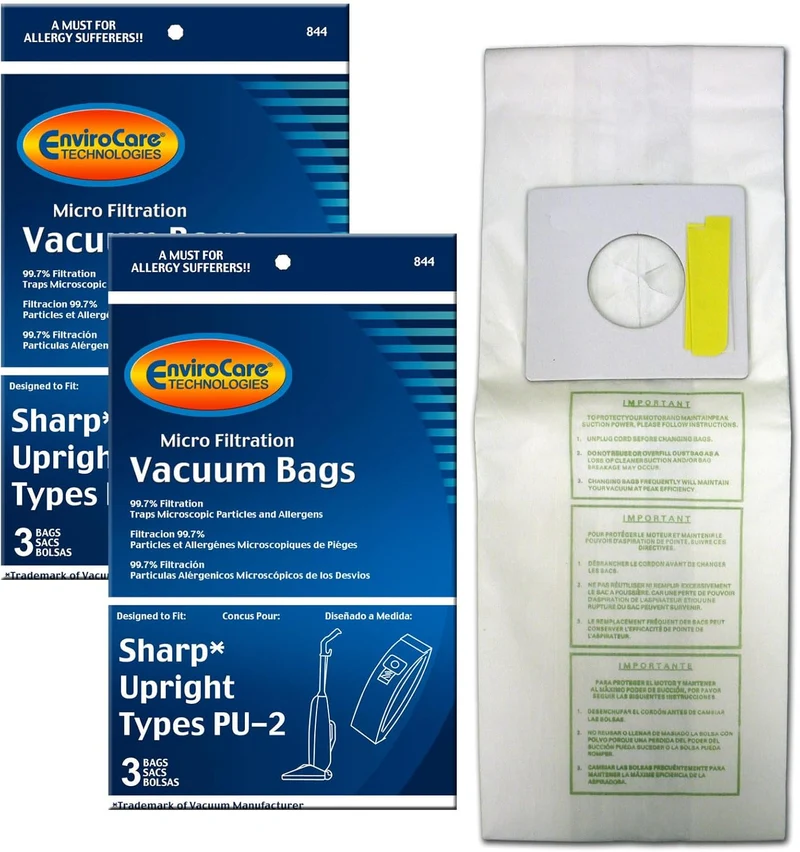 6 Sharp Pu-2 / Pu2 Allergy Vacuum Bags, Upright Vacuum Cleaners, EC12SWC, ECT5970, ECT5980, ECTU5907, ECTU5909, ECT #844