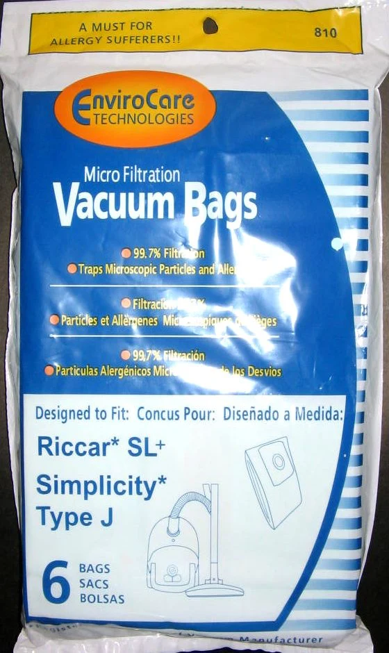 Riccar RSLP-6 Type J Vacuum Cleaner Bags for Supralite Plus SL+ Canister - 6 Pack, 810