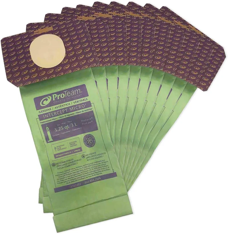 ProTeam 103483 Intercept Micro Filter Bags with 3.25-Quart Capacity, 10-Pack of Replacement Vacuum Filters , Green, Fits ProForce Uprights