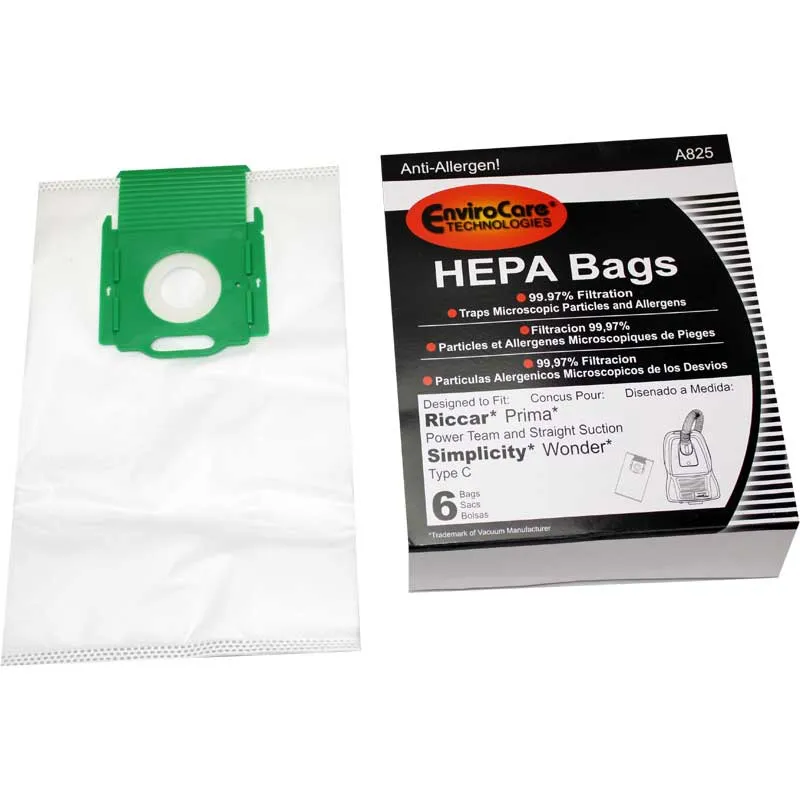 Simplicity Wonder Type C and Riccar Prima HEPA Allergen Vacuum Bags - 6/pk Replaces SCH-6