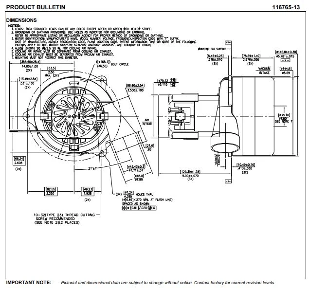 Ametek 116765-13, 116765-50 3-stage 5.7" vacuum motor. Replaces 6500-288, Beam #140222, CHB