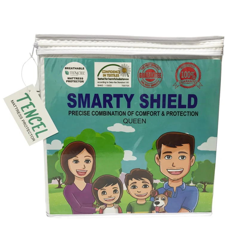 Smarty Shield Tencel Mattress Protector - Hypoallergenic, Breathable, Thin, Quiet, Smooth, No Vinyl, No Odor & 100% Waterproof - Queen and Kings Mattress Protector. Compare to Protect-A-Bed