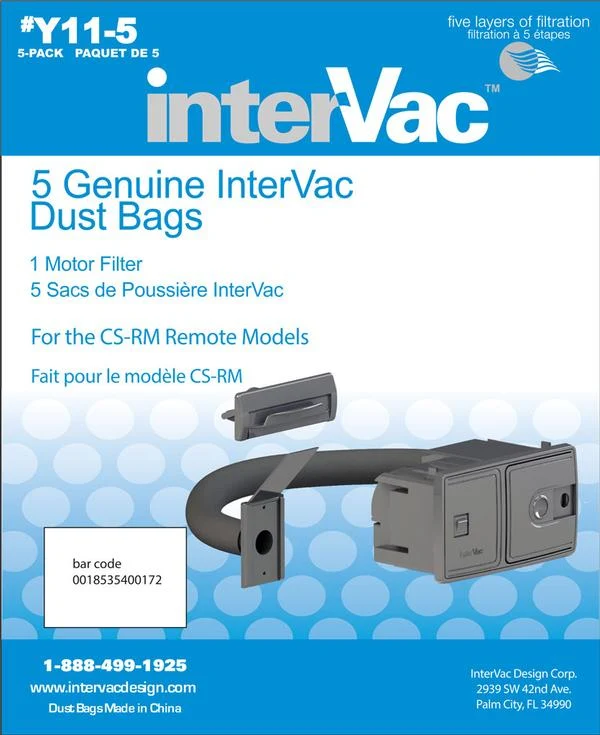 InterVac Y11 Vac Dust Bags And Filter for CSRM, CS9, CS10 5/pk #Y11-5, Y115