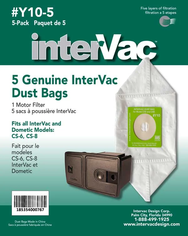InterVac Y10 Vac Dust Bags And Filter for CS6, CS8, CS8HW, CS10 5/pk #009014, Y10-5, Y1O-5 Y105