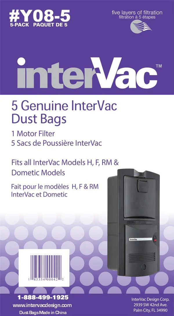InterVac Y08 Garage Vac Dust Bags And Filter for H, F, LH, GH, GF, RMH, RMF 5/pk #Y08-5, YO8-5 Y085