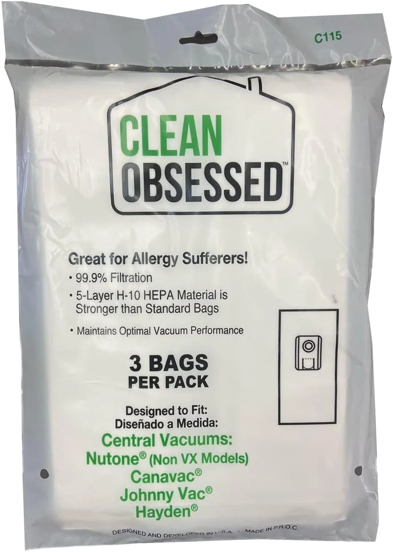 Cana-Vac Allerex Central Vacuum HEPA Cloth Bags# 060115 060115HE with 99.98% Filtration, C115 - 3 Pack