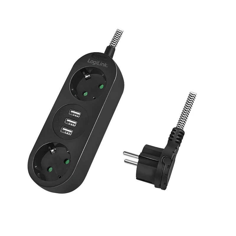 LogiLink LPS262U förlängningssladdar 1,5 m 2 AC-utgångar inomhus Svart