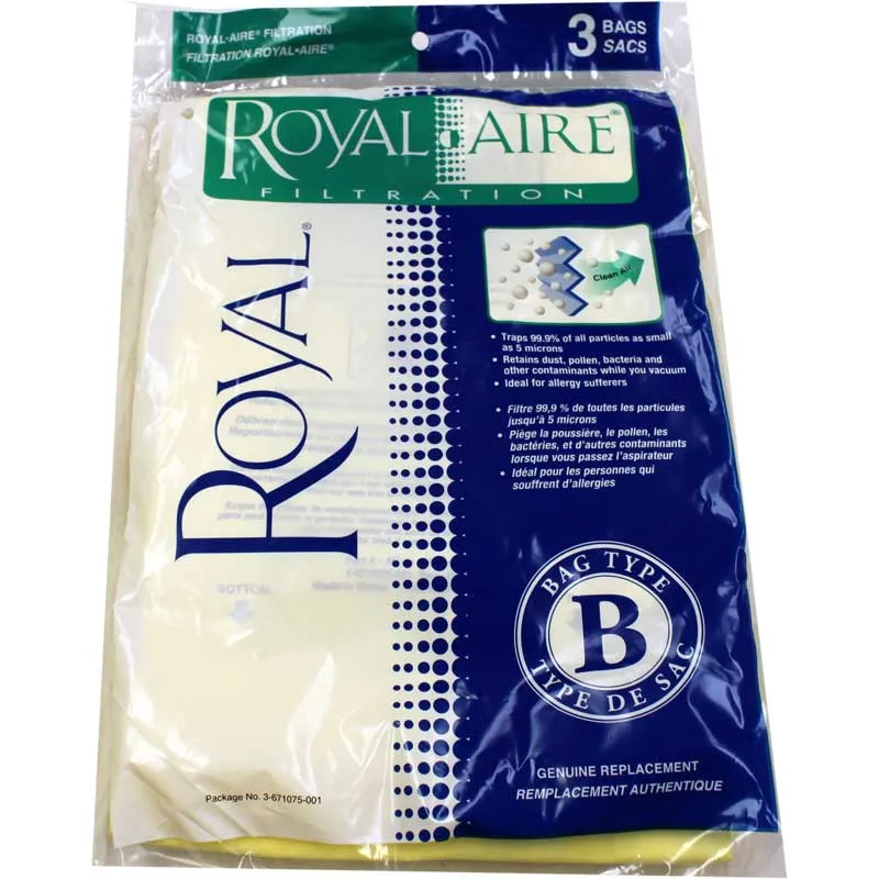 Royal / Dirt Devil Type B Metal Upright Vacuum Bags TOP FILL STYLE 3-671075-001 - 3 Pack
