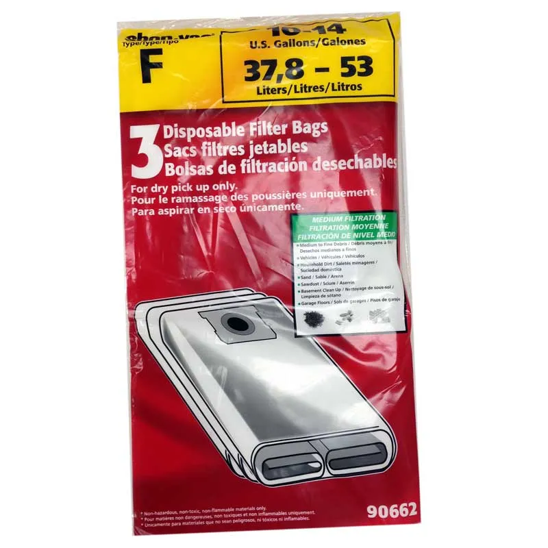 Shop Vac Type F 10, 12 14 Gallon Bags 906-62 - 3 pack - Replaces ShopVac 90662, Multi-Fit VF2005 bags, 770SW-OPPP