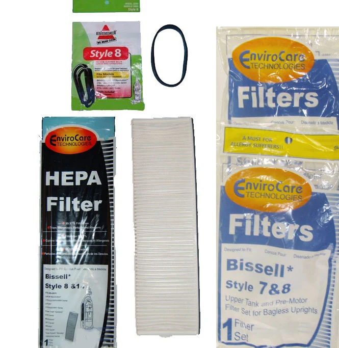 Bissell Lift-Off Vacuum Cleaner kit - 1 Year Supply Maintenance - Style 7/8 Up Tank Filter Kit, Style 8/14 Filter, 2 Style 8 Belts