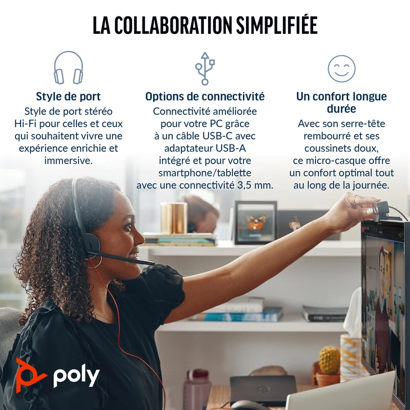 HP Poly Micro-casque Poly Blackwire 3325 stéréo USB-C + connexion 3,5 mm + adaptateur USB-C/A