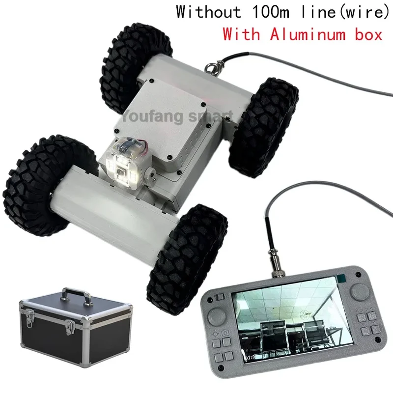 4WD Robotic Car Threading Pipeline Robot Ceiling Hole Reconnaissance Vehicle Video 100m Wired Transmission RC Tank with Handle